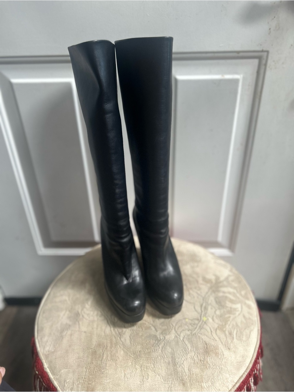 Christian Loubotin Black Tall Smooth chunky wedge platform Leather boots Sz 38 - Picture 3 of 15